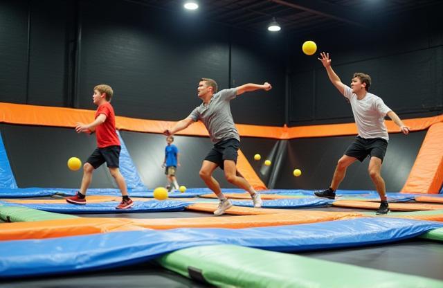 People playing dodgeball on a trampoline court