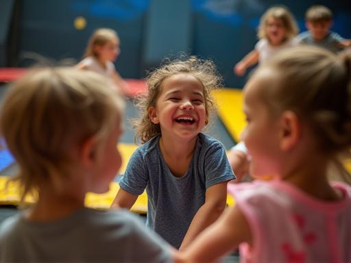 Group of happy kids playing together on trampolines