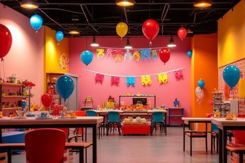 Brightly decorated birthday party room