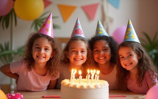 Group of children celebrating birthday in a party room