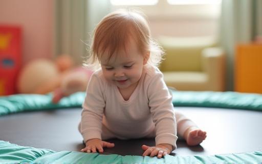 Toddler playing safely in the trampoline area